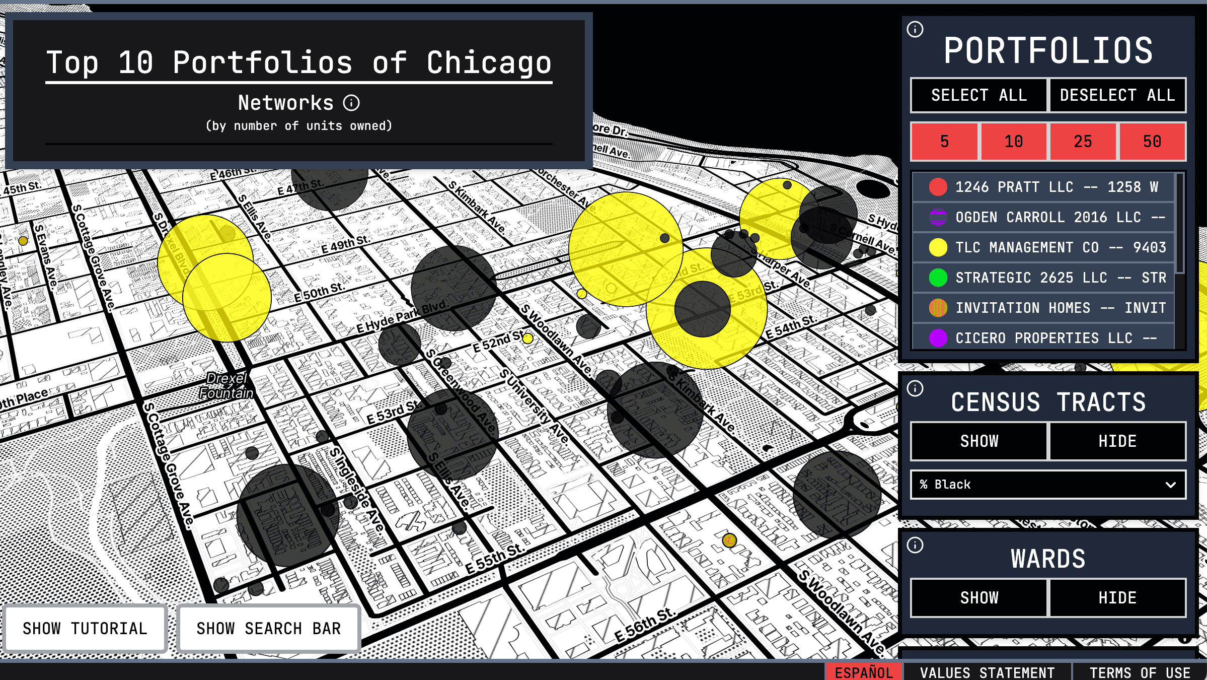 Landlord Mapper showing the top 10 rental portfolios of Chicago as colored ownership-network clusters over a street map, with panels for portfolios, census tracts, and wards.